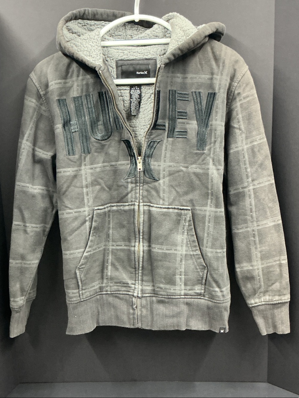 Hurley Black Plaid Sherpa-Lined Zip Hoodie